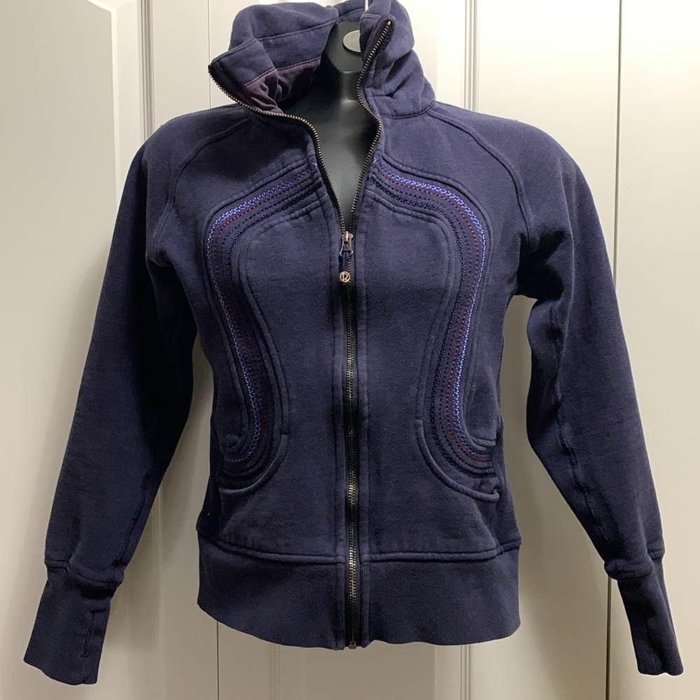Lululemon Cuddle-Up Scuba Embroidered Cotton Fleece Zip Front Thumb Holes Blue